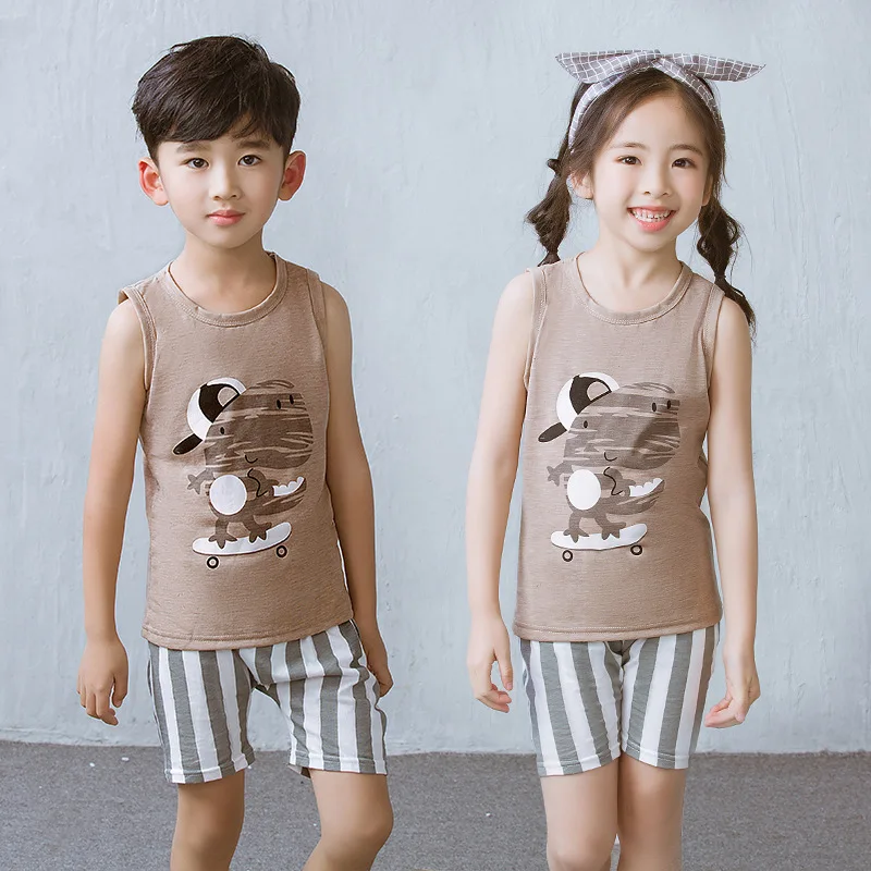 

2019 Summer Cotton Children's Vest Set Children's Round Collar Cotton Boys Girls Set