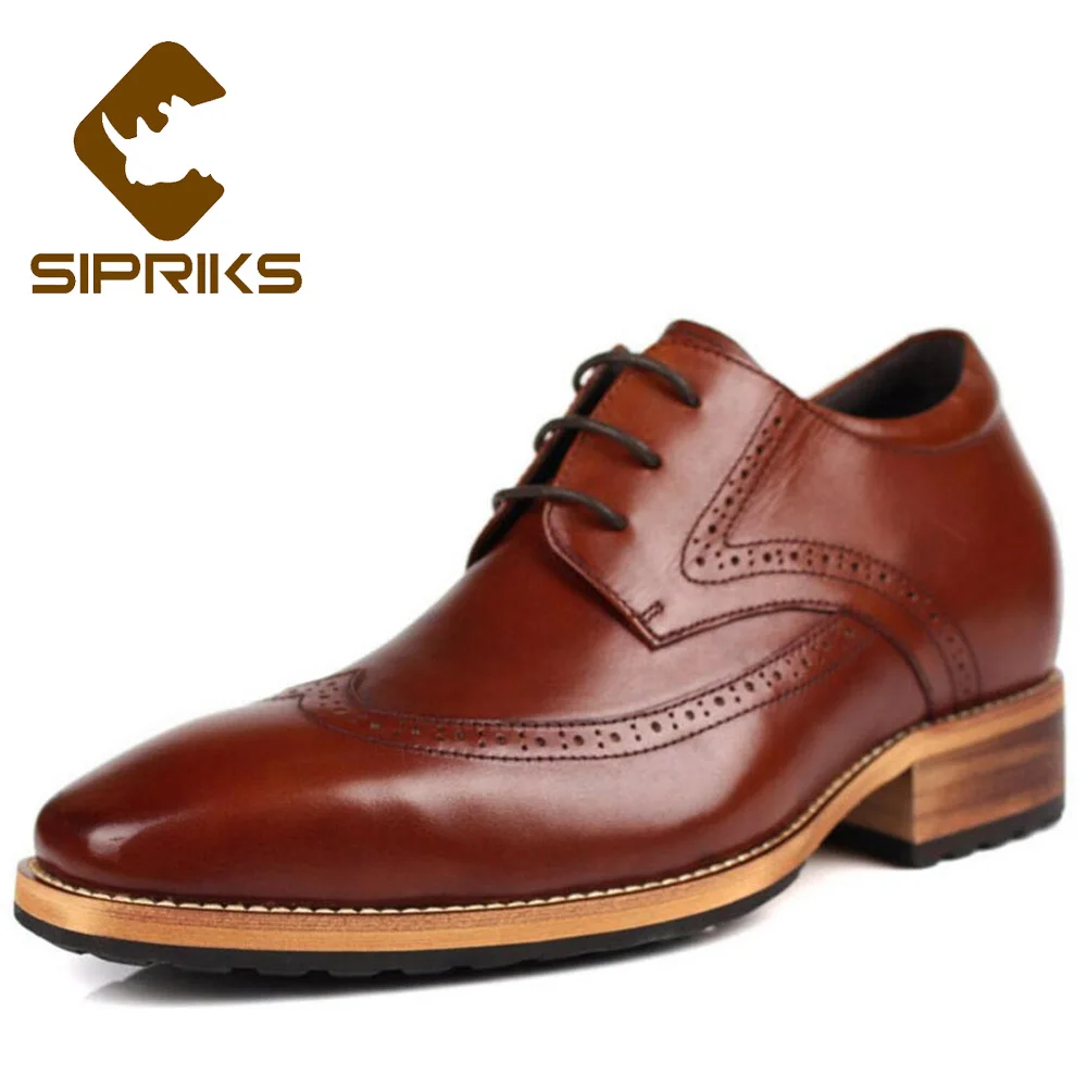 Sipriks Brown Leather Hidden Heel Shoes Men Oxfords Elevator 8 CM Boss Male Retro Brogue Shoes Elegant Black Gents Suit Shoes - Цвет: Коричневый