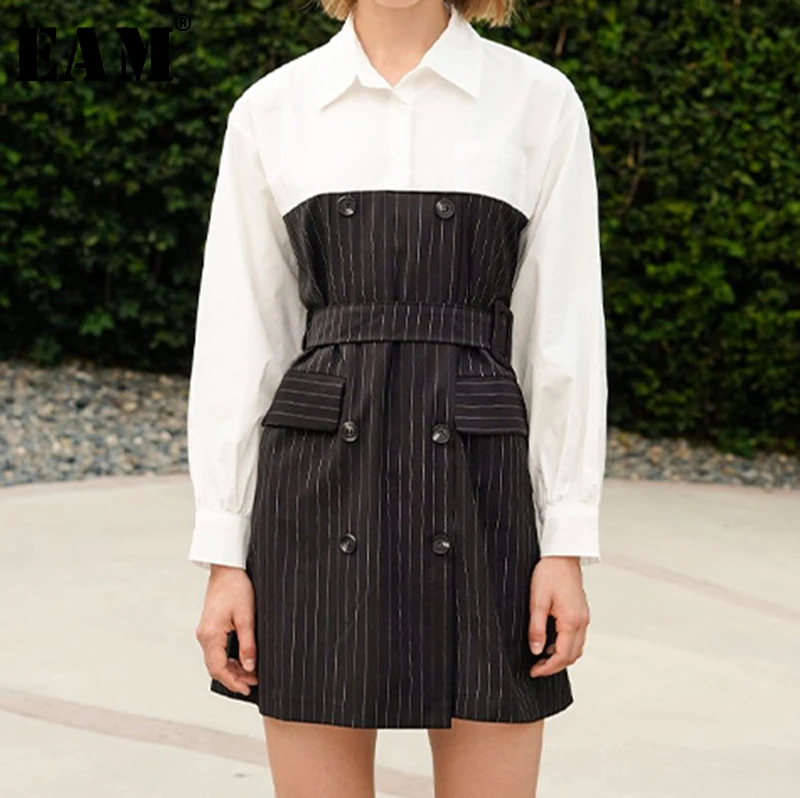 

[EAM]2019 Spring Woman High Quality Hit Color Long Sleeve Turn-down Collar High Waist Sashes False 2 Piece Dress All Match LI198