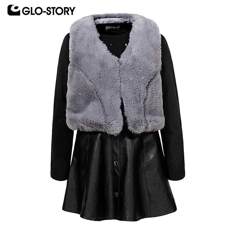 GLO-STORY Children Girls 2018 Winter Warm Fur Vest with Wool Liner Dress Sets Kids Fashion Christmas Outfit Suits Clothes 7498