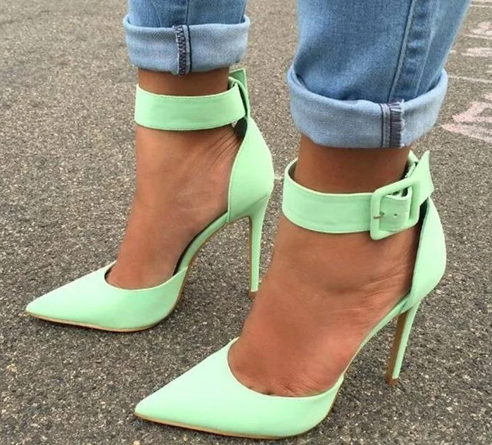 

Hot Selling Green Beige Leather Big Ankle Strap Pumps Women Shoes Pointed Toe Cut-out Patchwork Ladies Shoes With Heel Customize