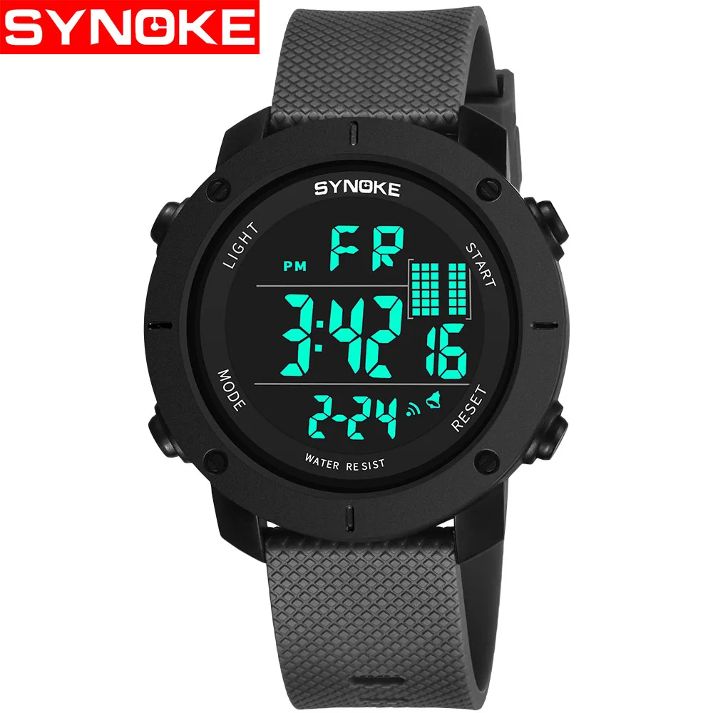 SYNOKE Sports Watch Men Digital Watches Waterproof Fashion Electronic Wristwatches Date Rubber Clock Black Military Watch - Цвет: Gray