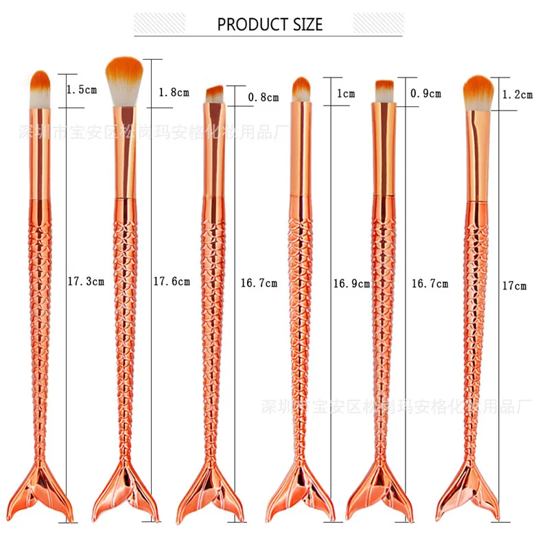 6 шт., набор кистей для макияжа с русалочкой, фантазия, подводка для бровей, румяна, растушевка, контурная основа, косметика, красота, макияж, рыбка, кисть
