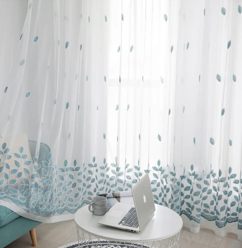 Blue Four-leaf Clover Embroidery Tulle Curtains For Living Room Sheer Panels White Voile Curtains For Bedroom Kitchen M099#4