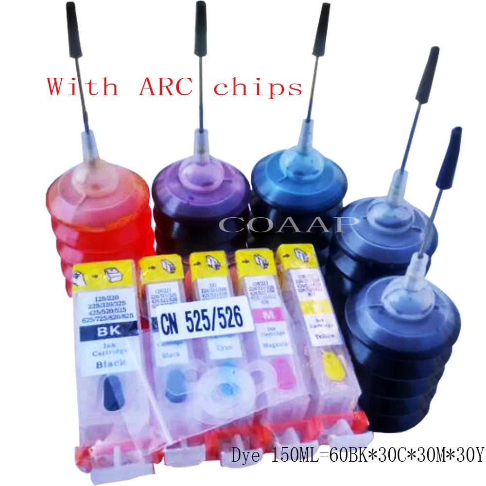 

5 Pack Compatible canon 525 526 Refillable cartridge + Dye 150ML inks for Pixma MG5120 MG5350 MG6100 MG6120 MG6150 Printer
