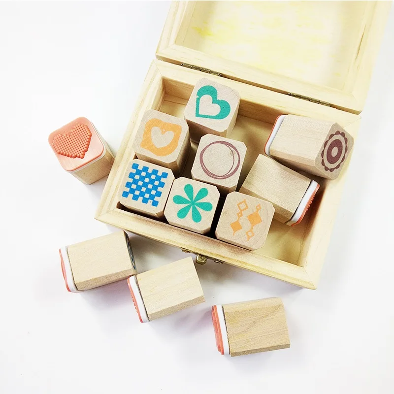 12 Pcs/set Cute Wooden Box Diary DIYStamp Set Wood Stamps For Kids Decor Diary Scrapbooking Rubber Stamp