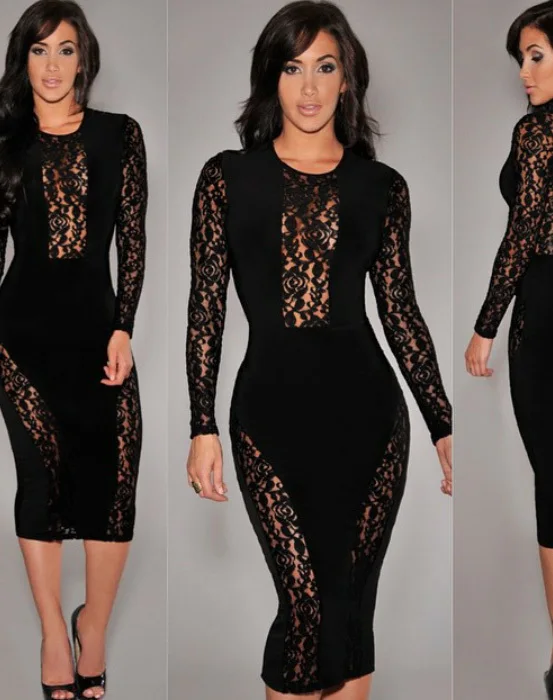 Top Quality Sexy Women Dresses Long Sleeve Crew Neck Midi Party Dress