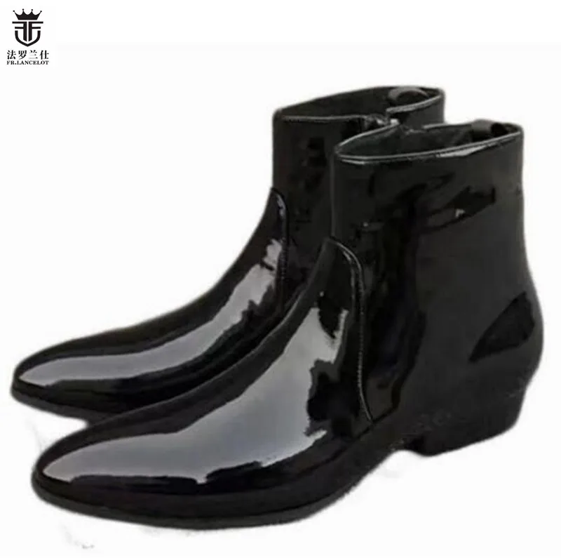 2019 FR.LANCELOT Luxury Brand Black Patent Leather Top Quality Chelsea Boots Men Ankle Short