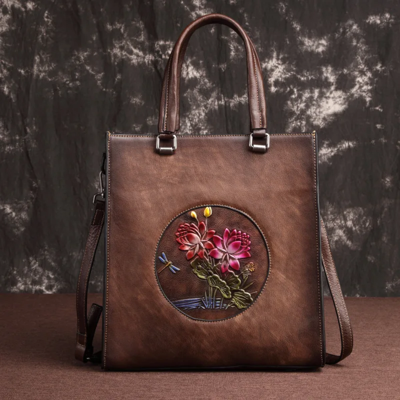 Hoge Kwaliteit Tote Boodschappentassen Schouder Messenger Vrouwelijke Tas Lotus Patroon Ontwerp Grote Capaciteit Vrouwen Echt Lederen Handtas Hoge Kwaliteit Tote Boodschappentassen Schouder Messenger Vrouwelijke Tas Lotus Patroon Ontwerp Grote Capaciteit Vrouwen Echt Lederen Handtas