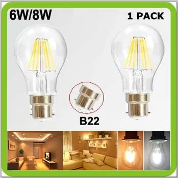 

Top quality 1 piece 6W or 8W LED filament bulbs B22 clear glass cover 360 degree a60 a19 bayonet COB led retro edision bulbs