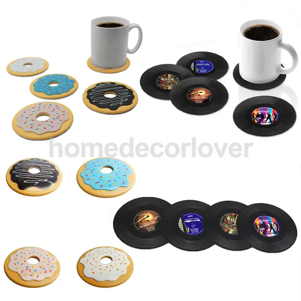 MagiDeal 4pcs Silicone Vintage CD Coasters Record Cup Mat Drink Holder Table Placemat Donut Valentine's Day Gifts Nice Valentine