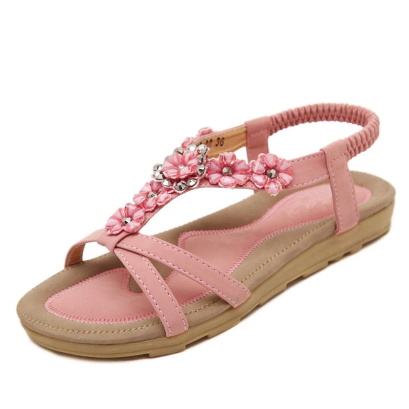 

2019 New Summer Shoes Sweet Womens Flowers Flat Sandals High Quality Rhinestones Casual Flats Plus Size 35-42