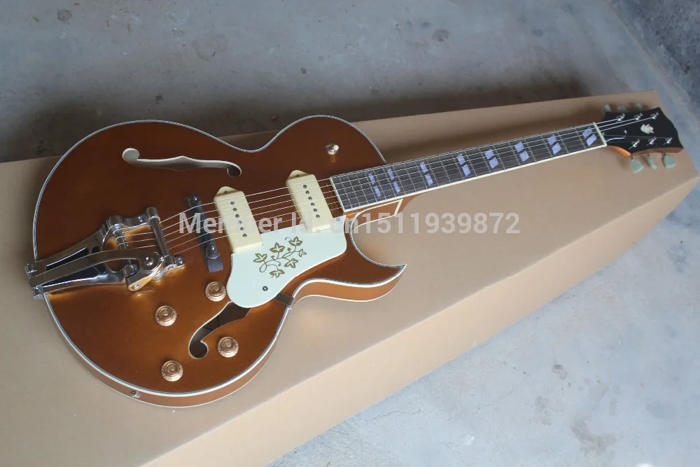 Free shipping new style F-Hole half hollow body P90 pick-up goldtop jazz electric Guitar with Bigsby Tremolo in stock