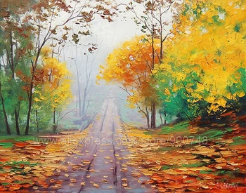 

Huge oil paintingAutumn Fall Painting Commissioned Road Yellow Trees Art Misty Landscape Wall Art Canvas painting Bedroo