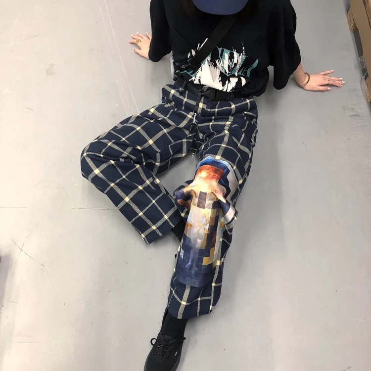 Женская одежда в Корейском стиле, harajuku, пэчворк, Пиксельная мозаика, принт в клетку, модные новые повседневные свободные прямые штаны с высокой талией, ulzzang