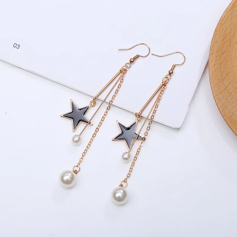 

Japanese and Korean black star temperament personality pearl long earrings female ornaments