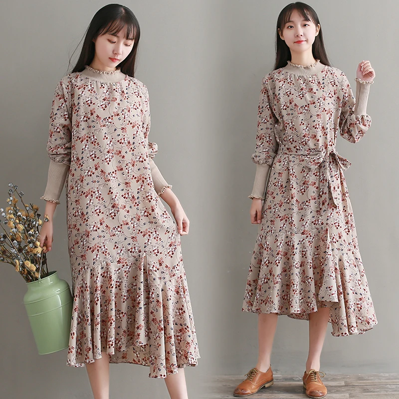 Mori Girl Dress 2018 New Autumn Winter Women Flower Printed Long