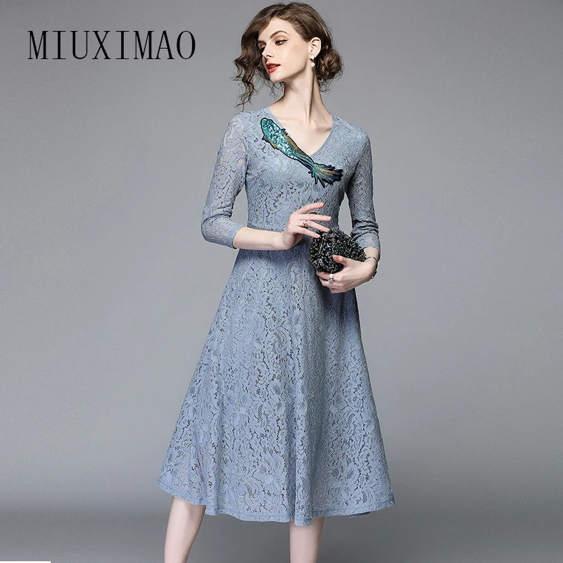 

2018 Spring & Summer Latest V-Neck Three Quarter Sleeve Embroidery Hollow Out Lace Elegant A-Line Mid-Calf Dress Women