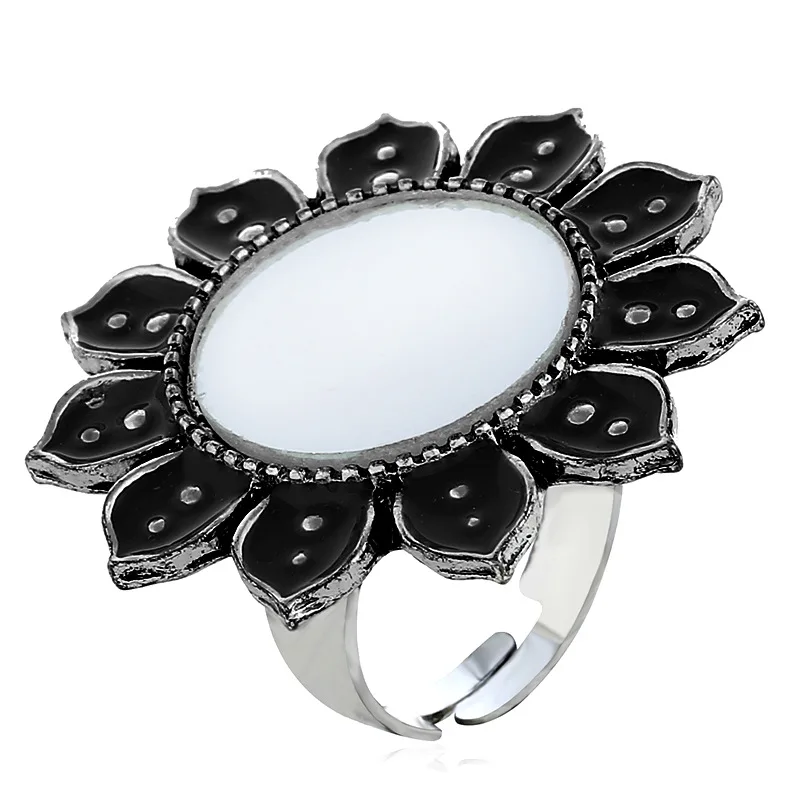 Роскошное кольцо в форме большого цветка с эмалью красного, зеленого, черного цвета для девочек, с зеркалом, для женщин, турецкие, племенные, винтажные, серебряные кольца для пальцев, ювелирные изделия для вечерние - Main Stone Color: Black