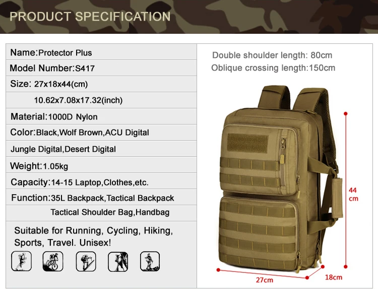 Outdoor 35L Sport Climbing Camping bag 3 Use Shoulder bag Trekking Molle Travel Bag Military Tactical Backpack mochila militar