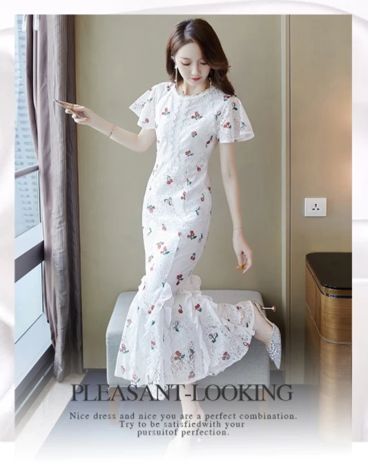 

Korean Style Cherry Print Lace White Dress Flare Sleeve Slim Bodycon Trumpet / Mermaid Dress Party Vestidos Verano