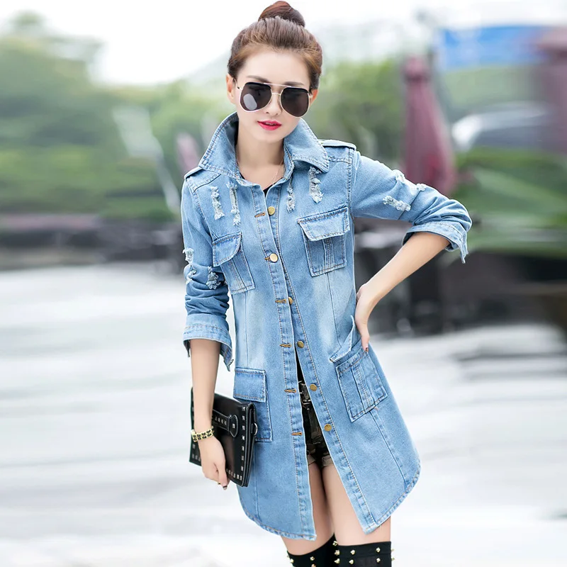 

2017 Autumn denim Trench Coat Women Hole Long Sleeve Vintage Slim Denim Trench Coats Casaco Feminino Plus Size 2XL