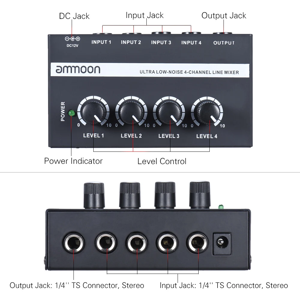 Ультра-компактный низкий уровень шума 4 канала линия моно аудио микшер с адаптером питания аксессуары для гитары