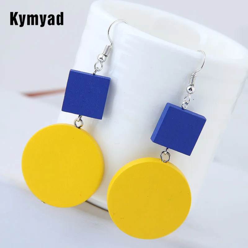 

Kymyad Yellow Blue Earrings For Women Bohemian Boho Vintage Drop Earrings Female Fashion Jewelry Wood Circular Simple Earrings