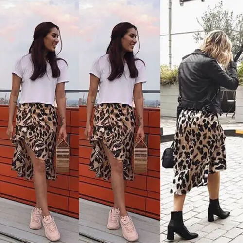 Women Skirt Fashion Sexy Asymmetrical Calf Length Skirt Leopard Print High Waist Skirts Faahion Women Clothes
