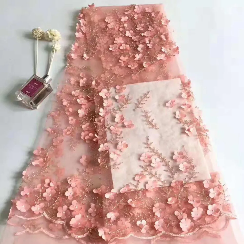 

Latest french lace pink 3D flower embroidered tulle lace fabric flower design high quality net lace D7521P