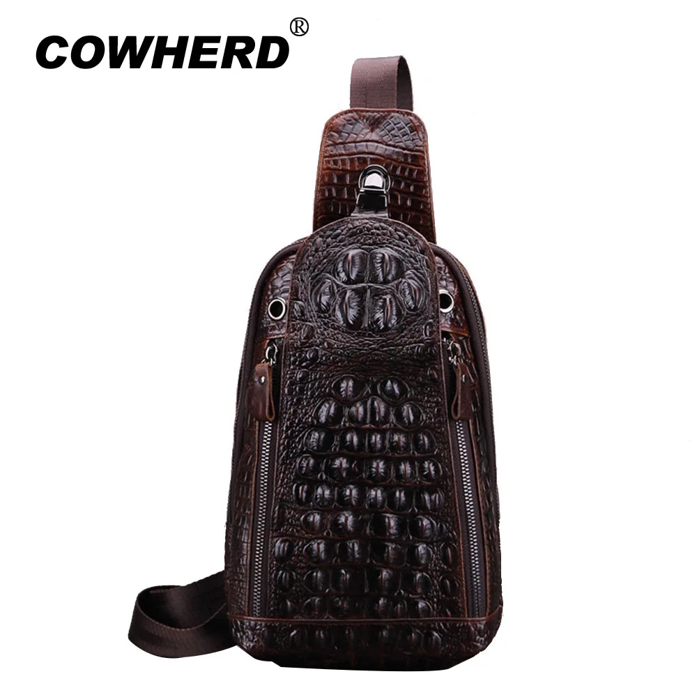 Мужская нагрудная сумка COWHERD из натуральной воловьей кожи с крокодиловым