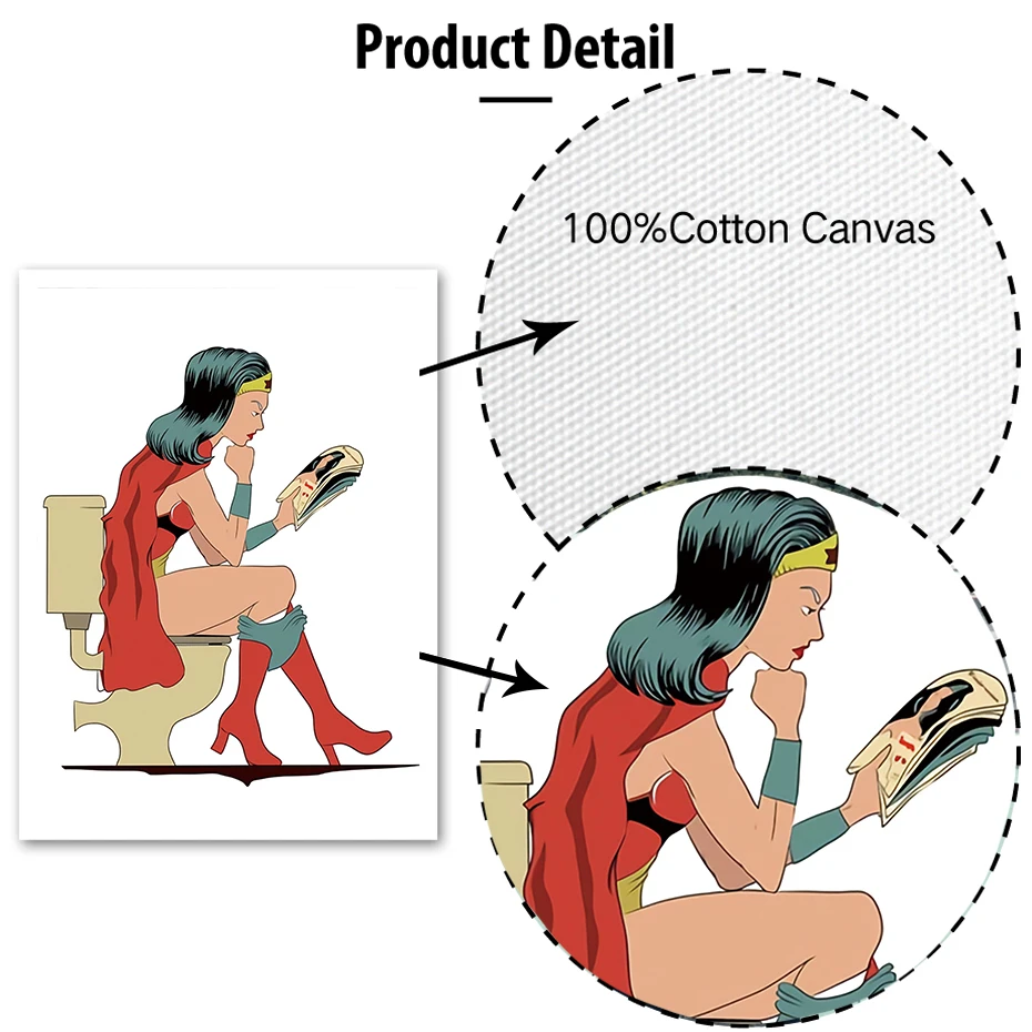 Супергерой/человек чтение newpaper в туалете живопись мультфильм плакат и печать стены искусства картина настенной росписи диаграмма Санузел туалет Декор