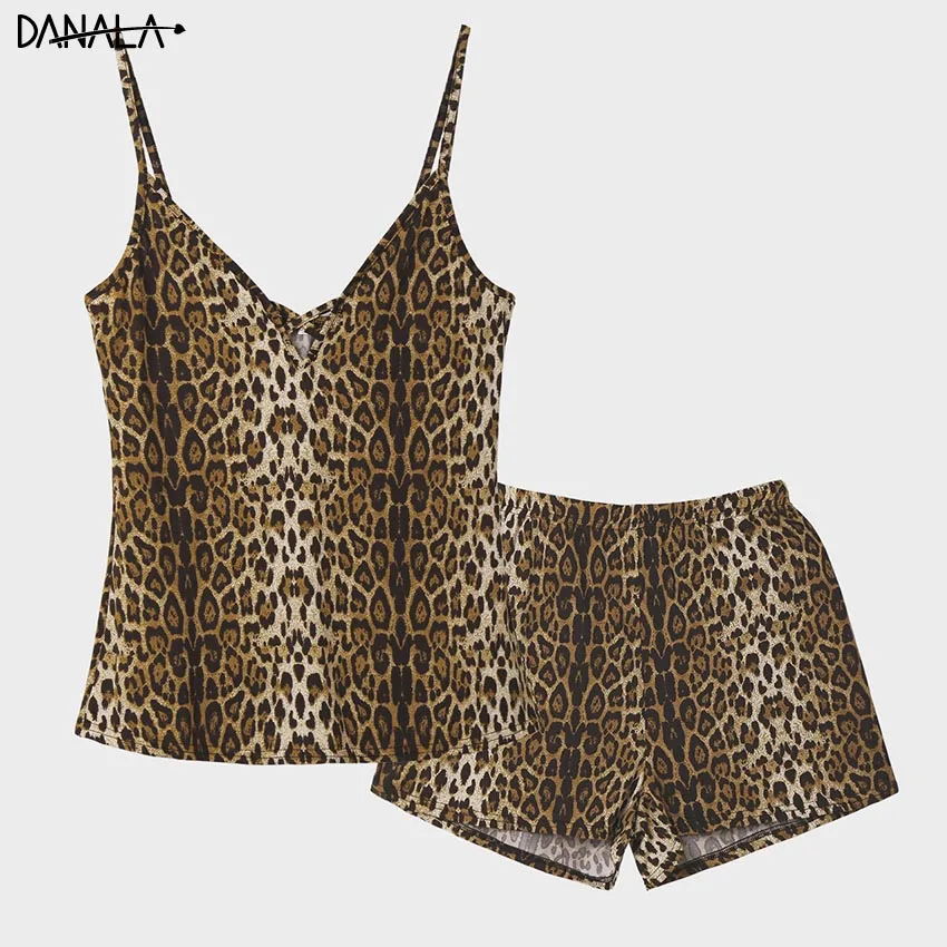 

DANALA Sexy Leopard Women Pajamas Sets With Shorts V-Neck Sleeveless Sling Female Sleepwear Sets Home Wear