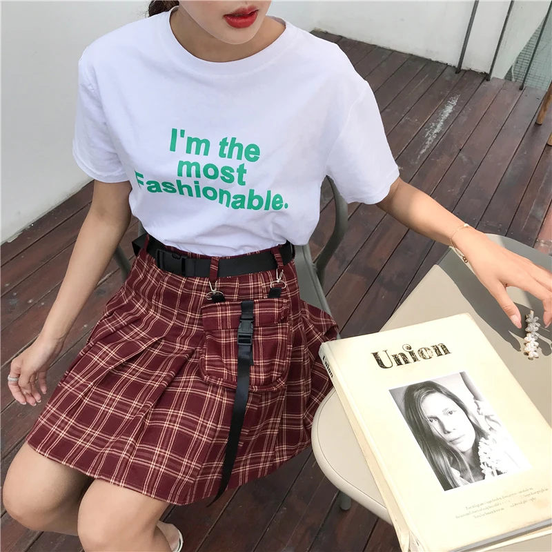 Женская плиссированная юбка Новые хип-хоп ампир карго клетчатые мини юбки женские высокие уличные однотонные карманы выше колена черные юбки