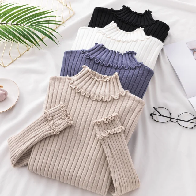 Chic Women Girls Office Lady New Ruched Semi High Necked Sweater Autumn Winter Female Long Sleeved Basic Knitted Pullover Shirt Chic Women Girls Office Lady New Ruched Semi High Necked Sweater Autumn Winter Female Long Sleeved Basic Knitted Pullover Shirt