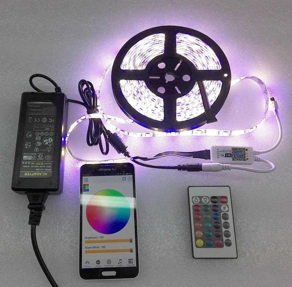 

5M Waterproof IP65 RGBW / RGBWW LED Strip Light 5050 SMD 60LEDs/m + Wifi Controller By Phone APP + DC 12V Power Adapter