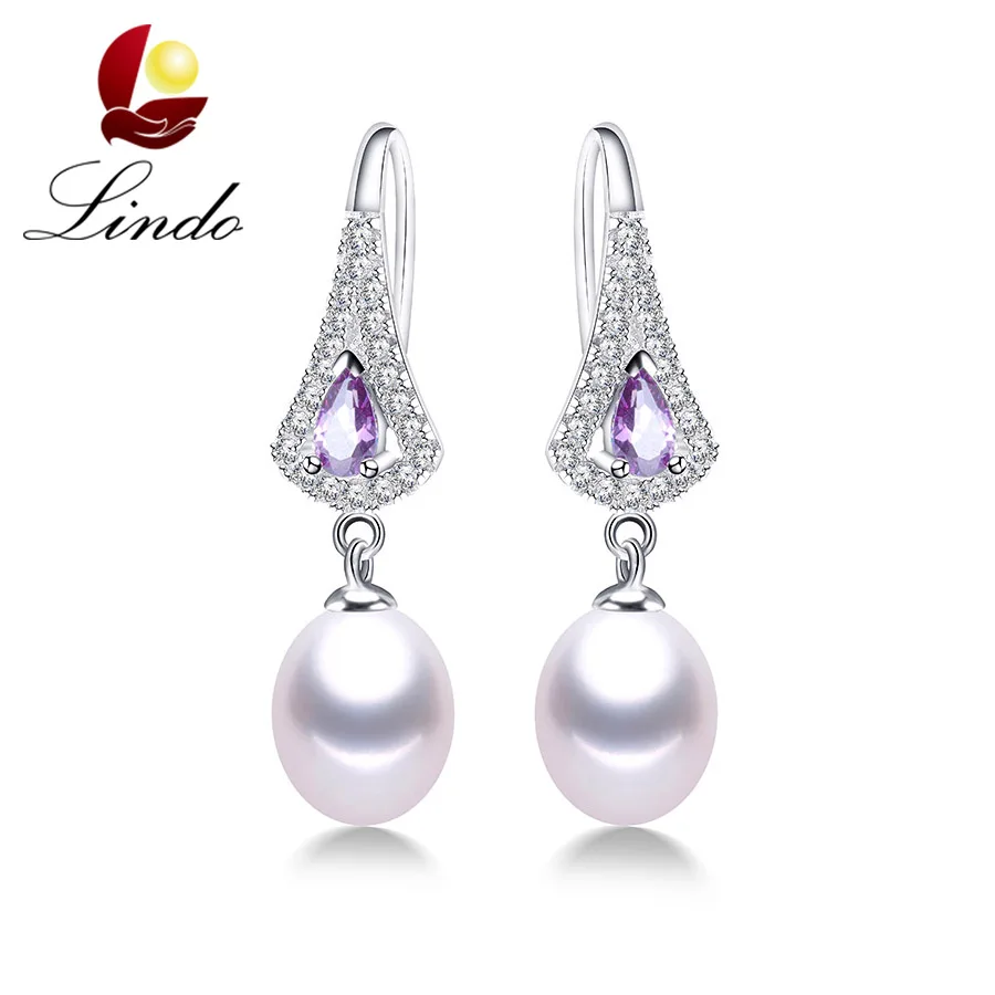 

Lindo High Quality 5A Natural Freshwater Pearl Drop Earrings For Women Fashion Purple Crystal 925 Sterling Silver Fine Jewelry