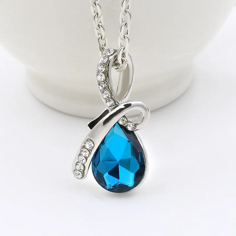 Crystal Necklaces Silver Plated Rhinestone Water Drop Pendant Clavicle Link Chain Hollow Charm