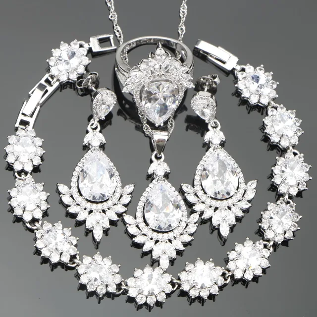 White Zirconia Silver 925 Costume Jewelry Sets Women Bracelets White Zirconia Silver 925 Costume Jewelry Sets Women Bracelets Pendant Necklace Earrings Rings Stones Set Jewellery