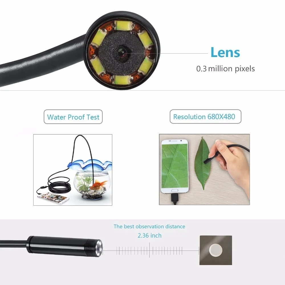 Endoscope Lens 3.5m Waterproof Mini HD Camera Snake Tube 5.5 mm Rigid Cable USB Inspection LED Borescope for Android Phone PC