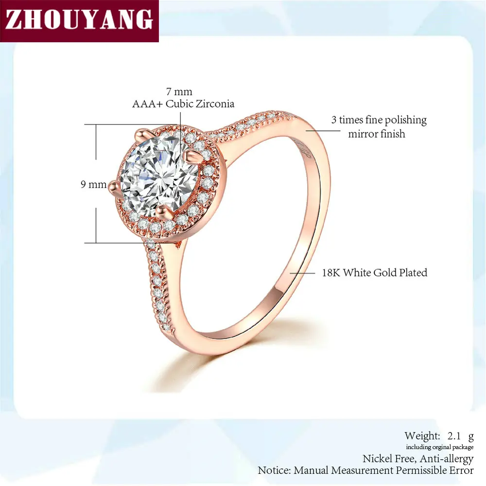 ZHOUYANG обручальное кольцо для женщин простой стиль синий фианит розовое золото