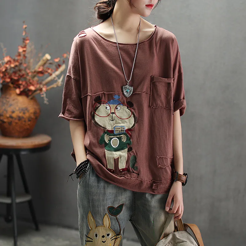 

Pretty Sweet Cartoon Printed Women's T Shirt Patchwork Pocket Ripped T-Shirts Harajuku Mori Girls Casual Top Femme Summer 2019