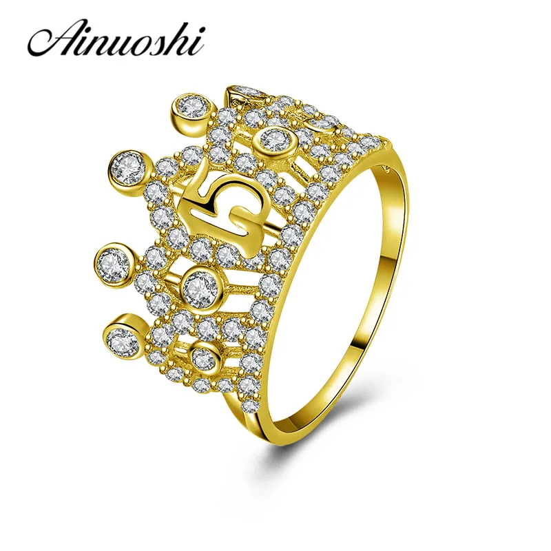 

AINUOSHI Exquisite Princess Crown Ring 10K Solid Yellow Gold Bridal Ring Crown Ring 15th Anniversary Jewelry Women Wedding Ring