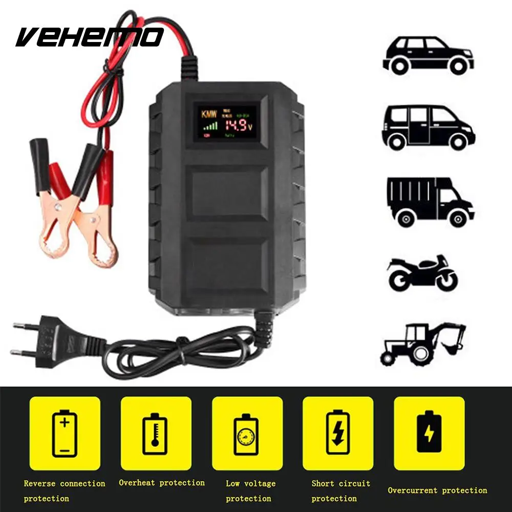 Vehemo 110-240V Black Battery Charger Car Battery Charger Accessories Motorcycle Lead Acid Battery Portable Vehicle