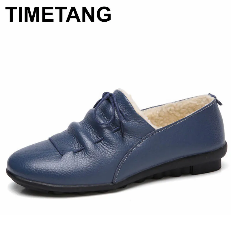 Acheter TIMETANG Casual Vache En Cuir Femmes Chaussures Garder Au Chaud Coton Chaussures Femme Peu Profonde Femelle Appartements Mocassins De Fourrure En Peluche Hiver Mère C281