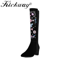 Высокие сапоги до бедра с вышитыми цветами; зимние сапоги с круглым носком; эластичные сапоги до колена на Высоком толстом каблуке; большие размеры 34-43; Kickway