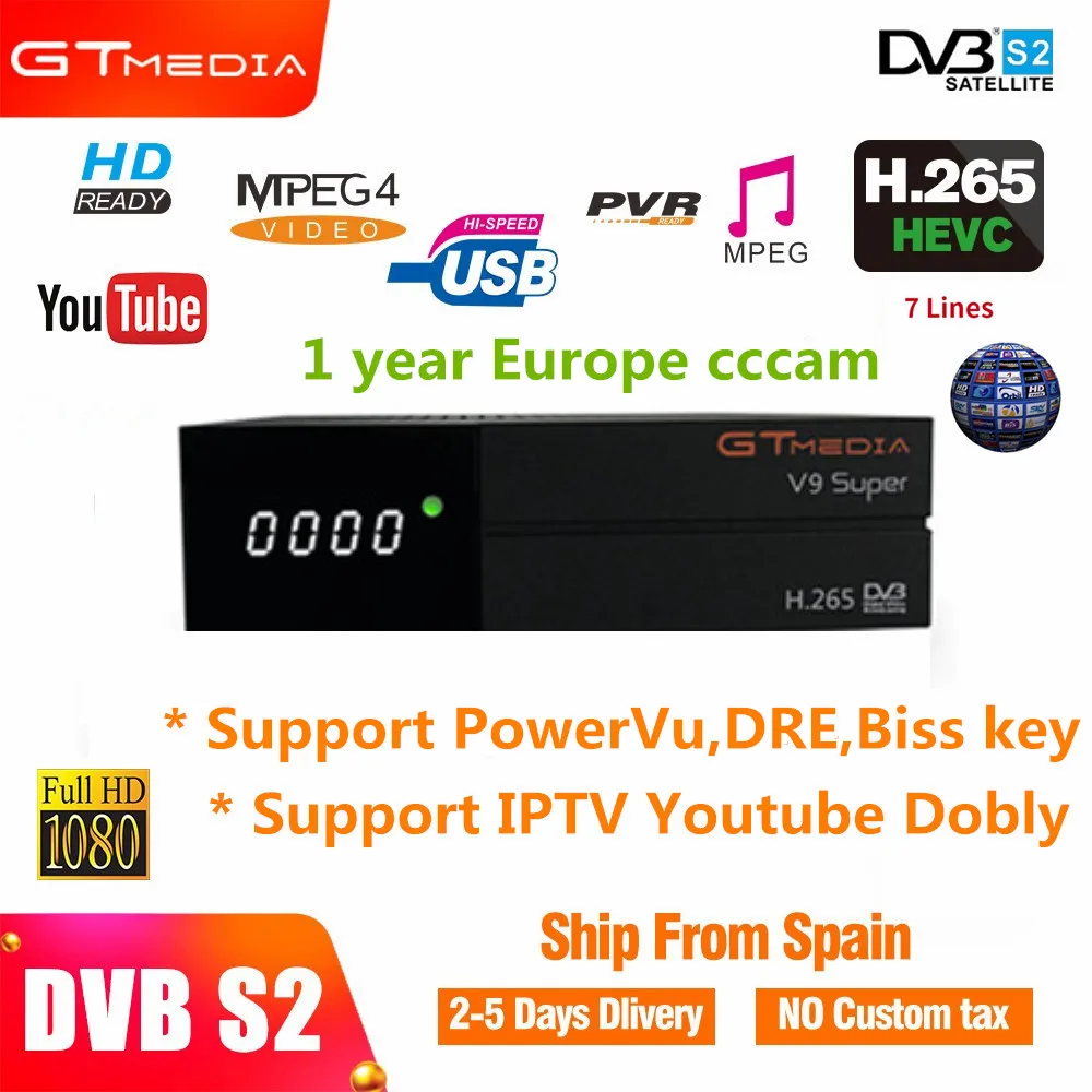

HD Satellite tv receiver Gt Media dvb s2 v9 super support H.265 PowerVu Biss key with Europe 1 year cccam Account built-in wifi