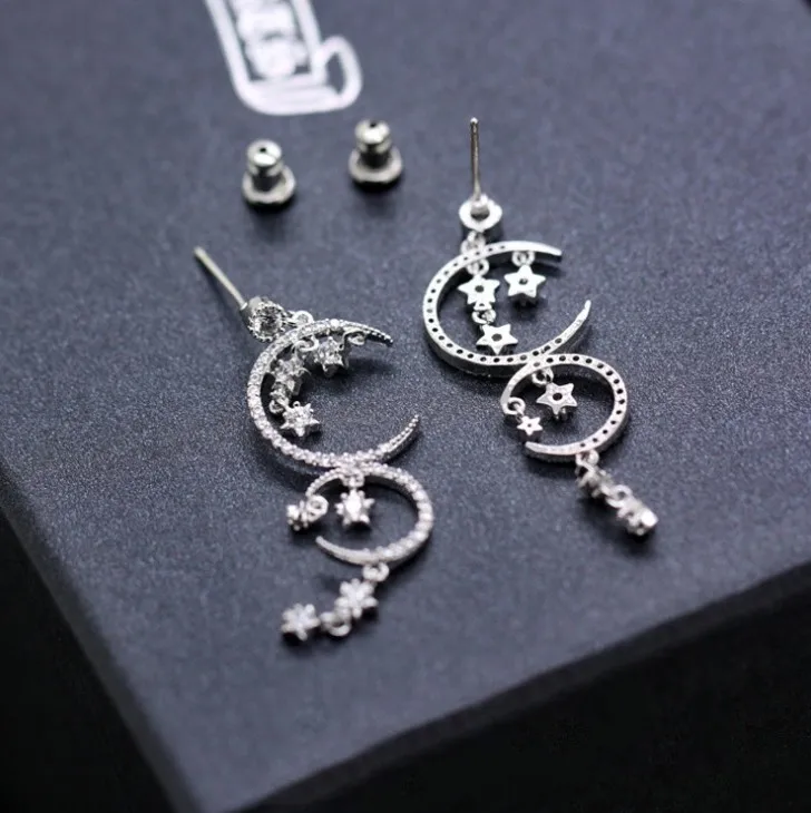 SALE Fashion jewelry 925 silver new crystal From Bulgaria Feather high-grade temperament circle anti allergy star moon earrings