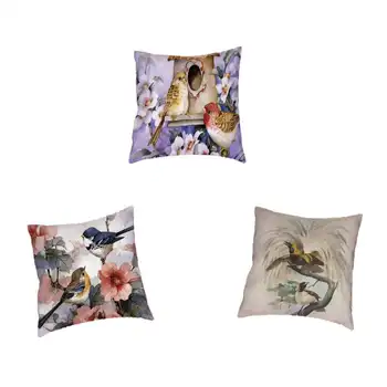 

Oil Painting Series Cartoon Birds Standing In Flower Pattern Cushion Cover Plum Sparrow Hummingbird Home Decoration Pillowcase