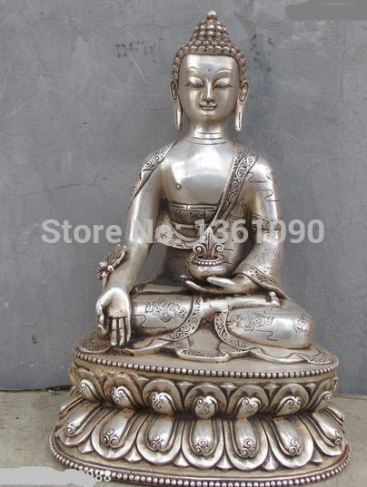 

xd 001297 13"Tibet Buddhism Bronze Silver carved Eight treasures Sakyamuni Buddha statue